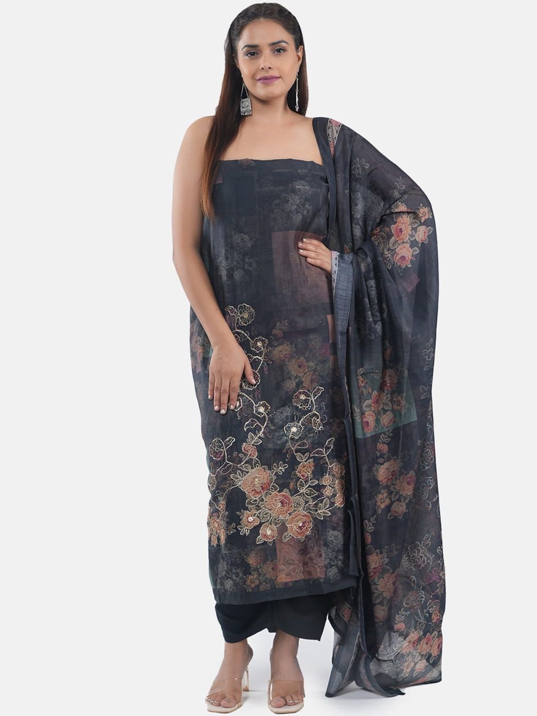 

MOZAFIA Premium Floral Embroidered Zari Pure Silk Unstitched Dress Material, Black