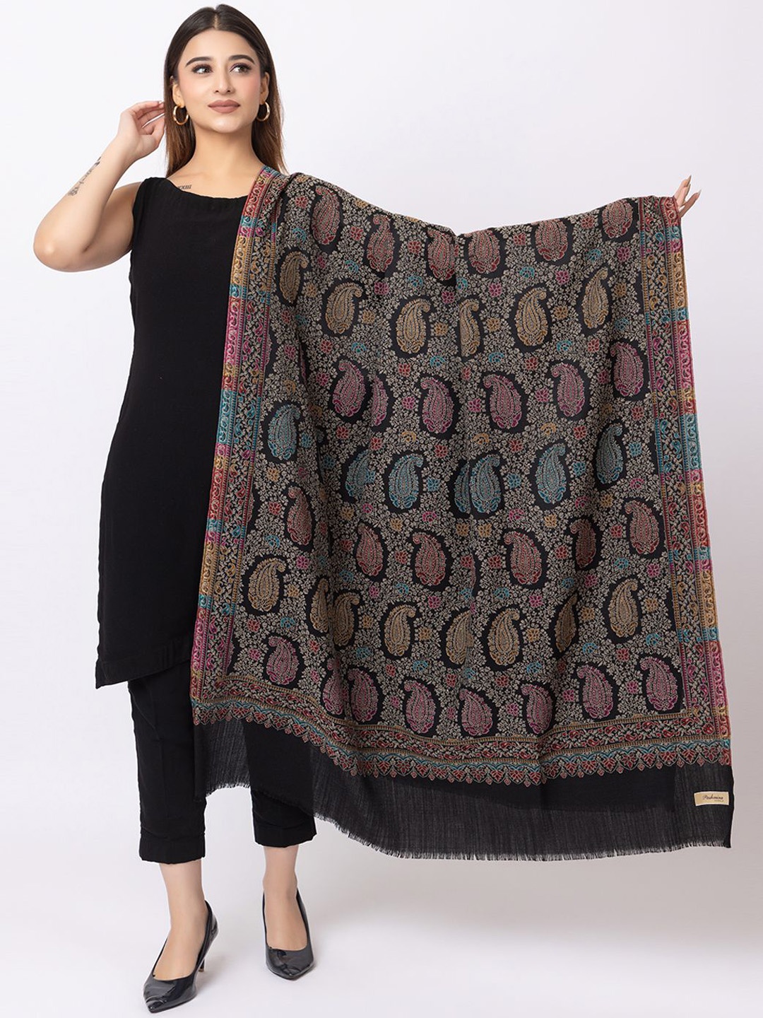 

PASHGIRI Women Ethnic Motifs Woven Design Shawl, Black