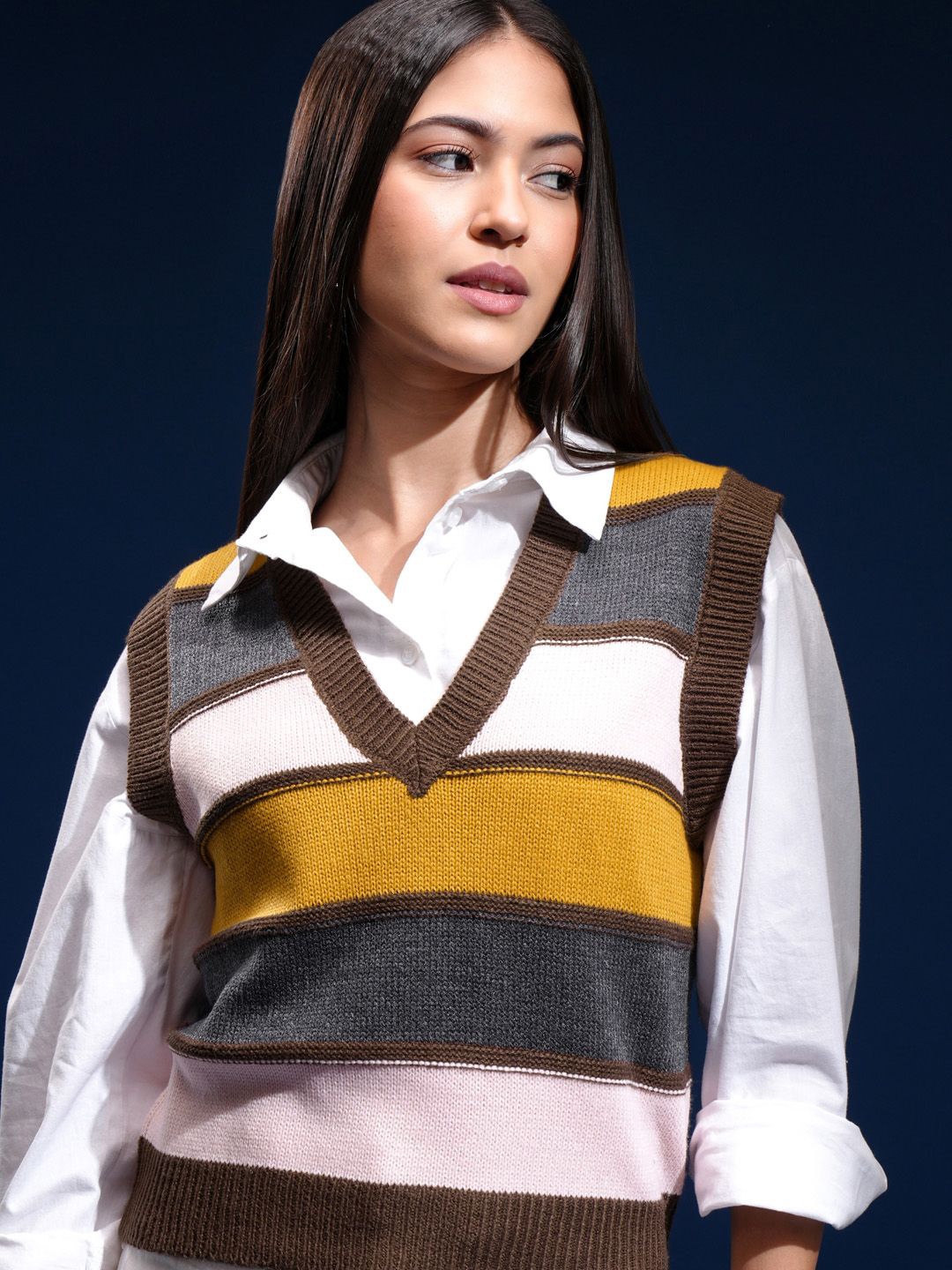 

Tokyo Talkies Women Striped V-Neck Sweater Vest, Brown