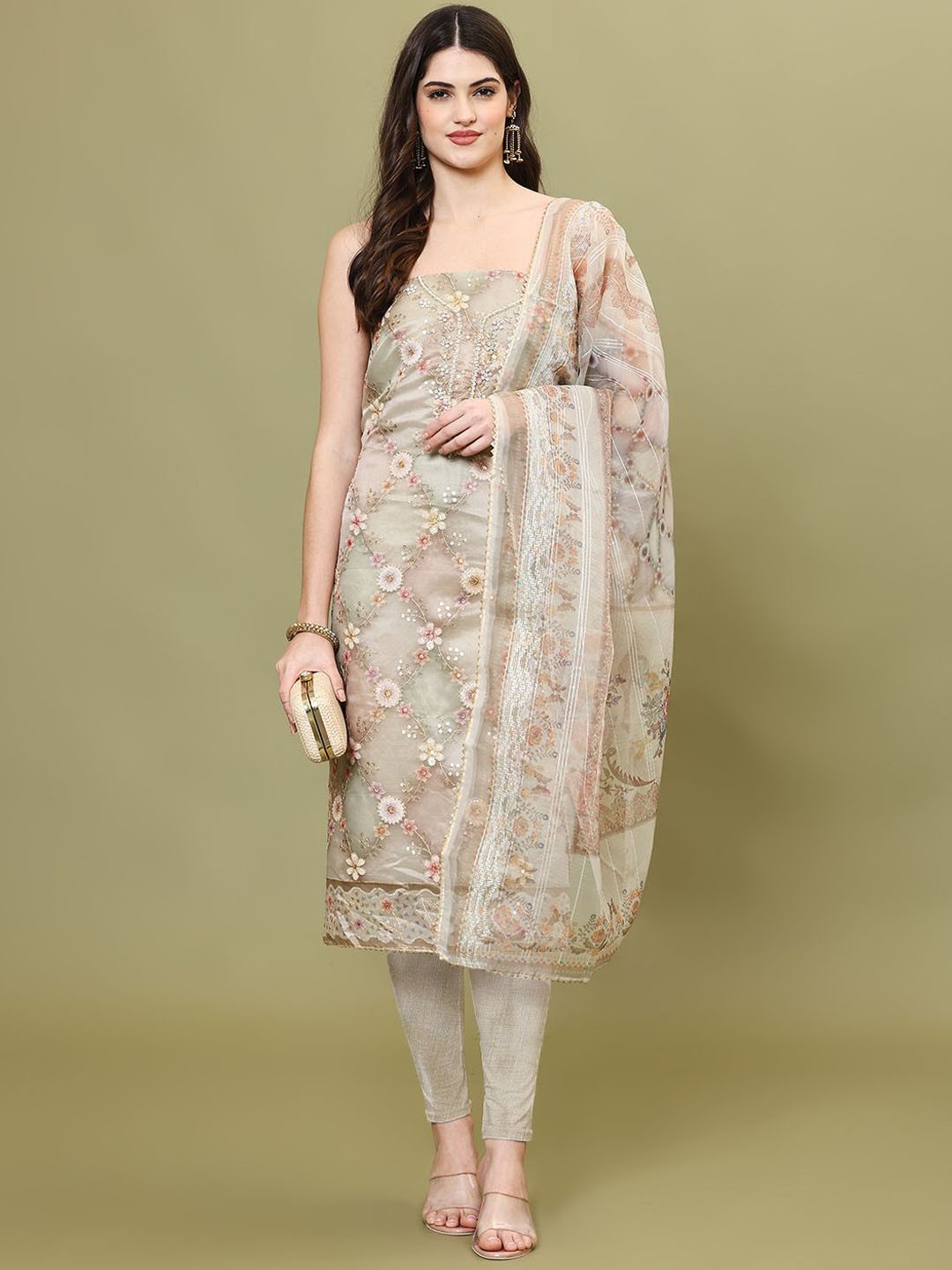 

Meena Bazaar Embroidered & Floral Printed Organza Unstitched Dress Material, Green