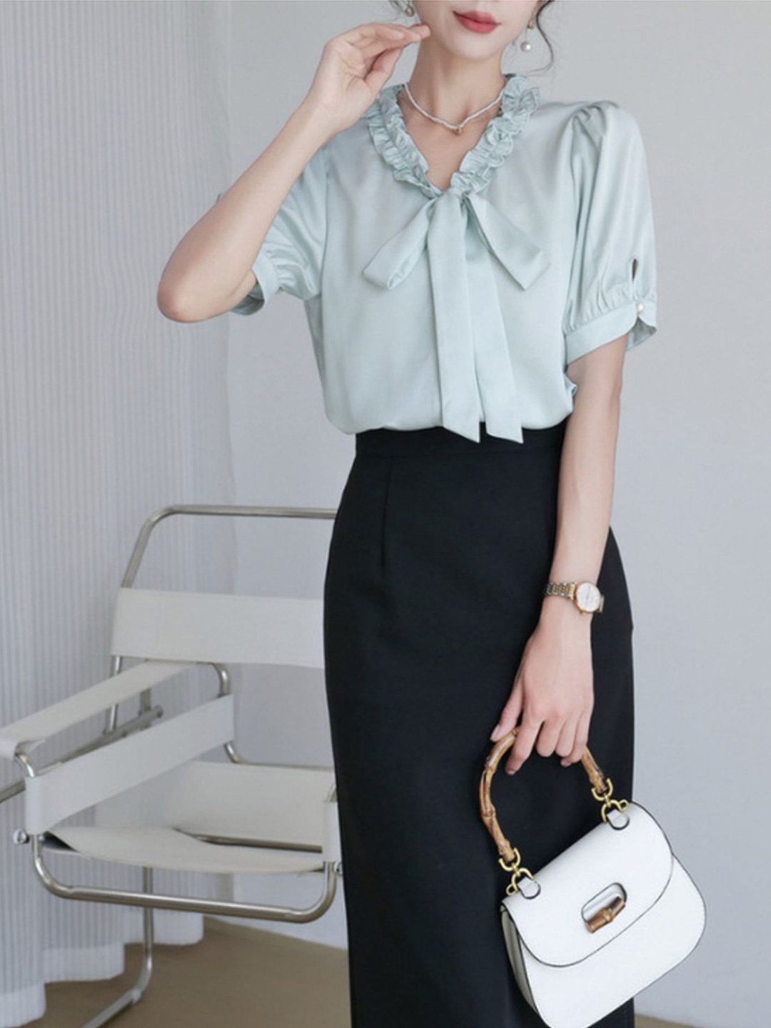 

LULU & SKY Tie-Up Neck Puff Sleeve Top, Blue