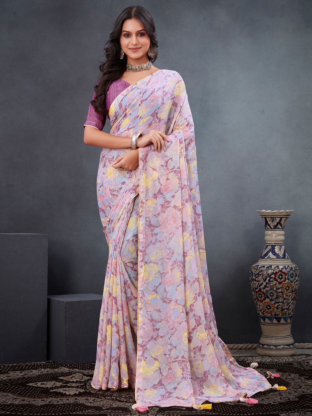 

Panzora Floral Poly Georgette Designer Saree, Purple