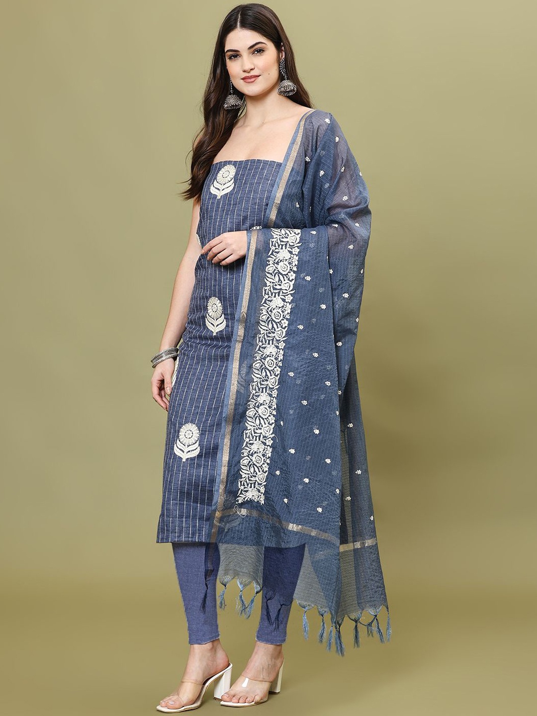 

Meena Bazaar Floral Thread Embroidered Cotton Unstitched Dress Material, Blue