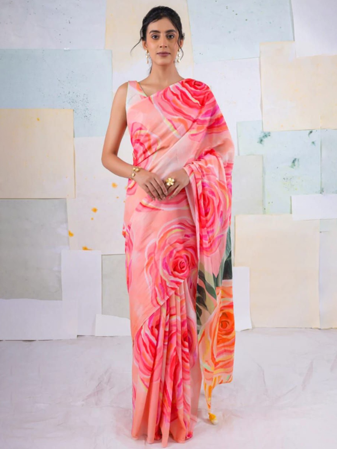 

STAVA CREATION Floral Satin Saree, Pink