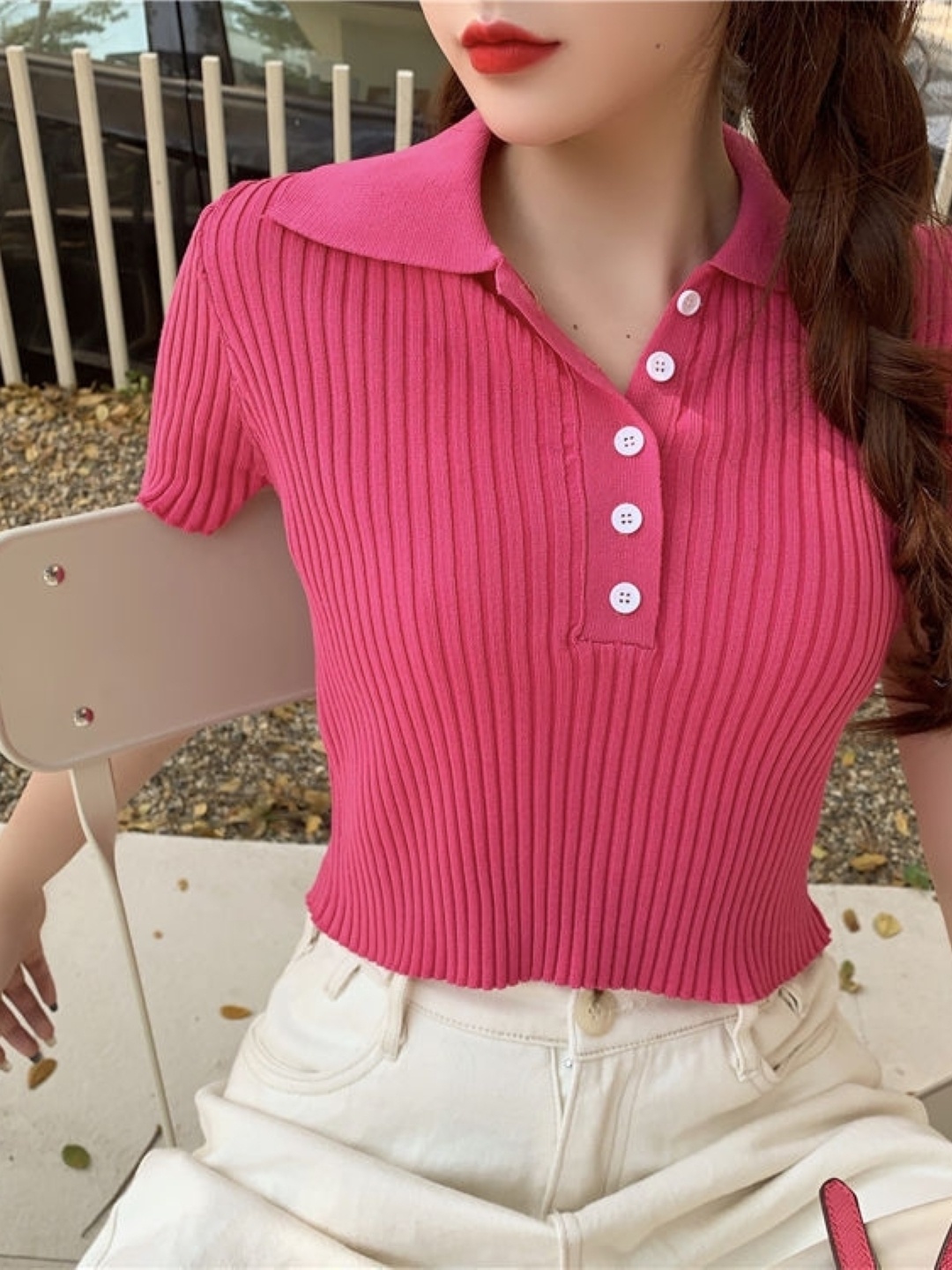 

HERE&NOW Women Striped Shirt Collar Short Sleeves Top, Pink