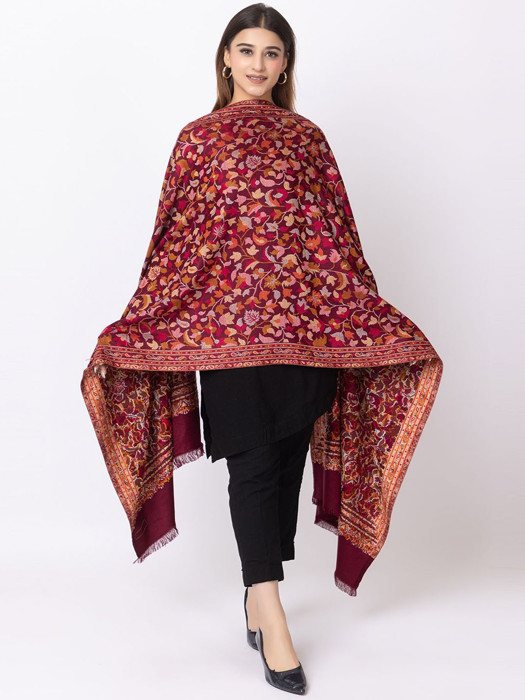 

PASHGIRI Women Floral Embroidered Shawl, Maroon