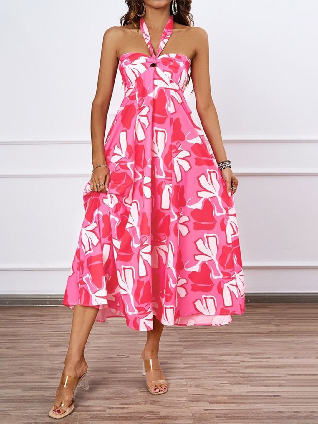 

LULU & SKY Floral Print Halter Neck Fit & Flare Midi Dress, Rose