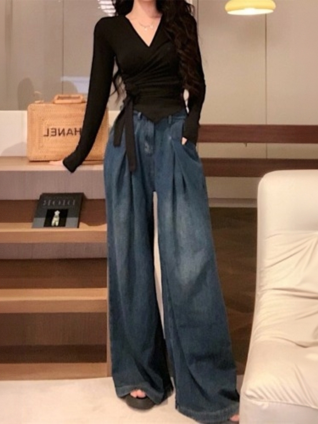 

HERE&NOW Women V-Neck Extended Sleeves Top, Black