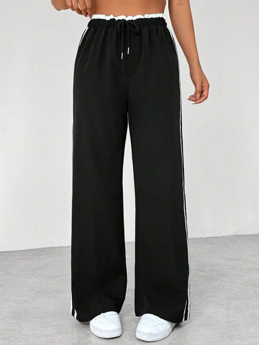 

SAAHASAM Women Striped Relaxed Loose Fit Trousers, Black
