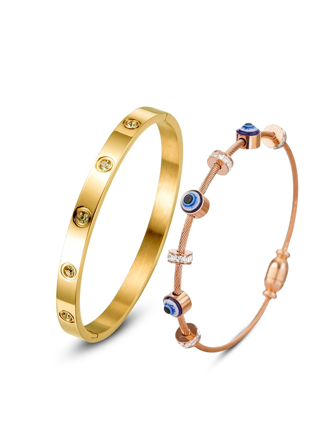 

MEENAZ Set Of 2 Gold-Plated Stainless Steel American Diamond Evil Eye Kada Bracelets