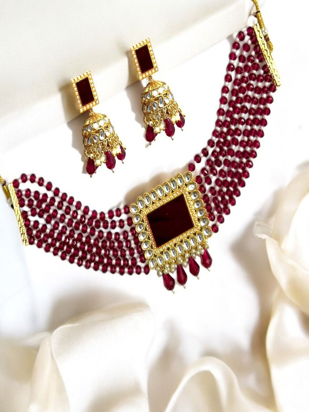 

AccessHer Stone-Studded Jewellery Set, Red