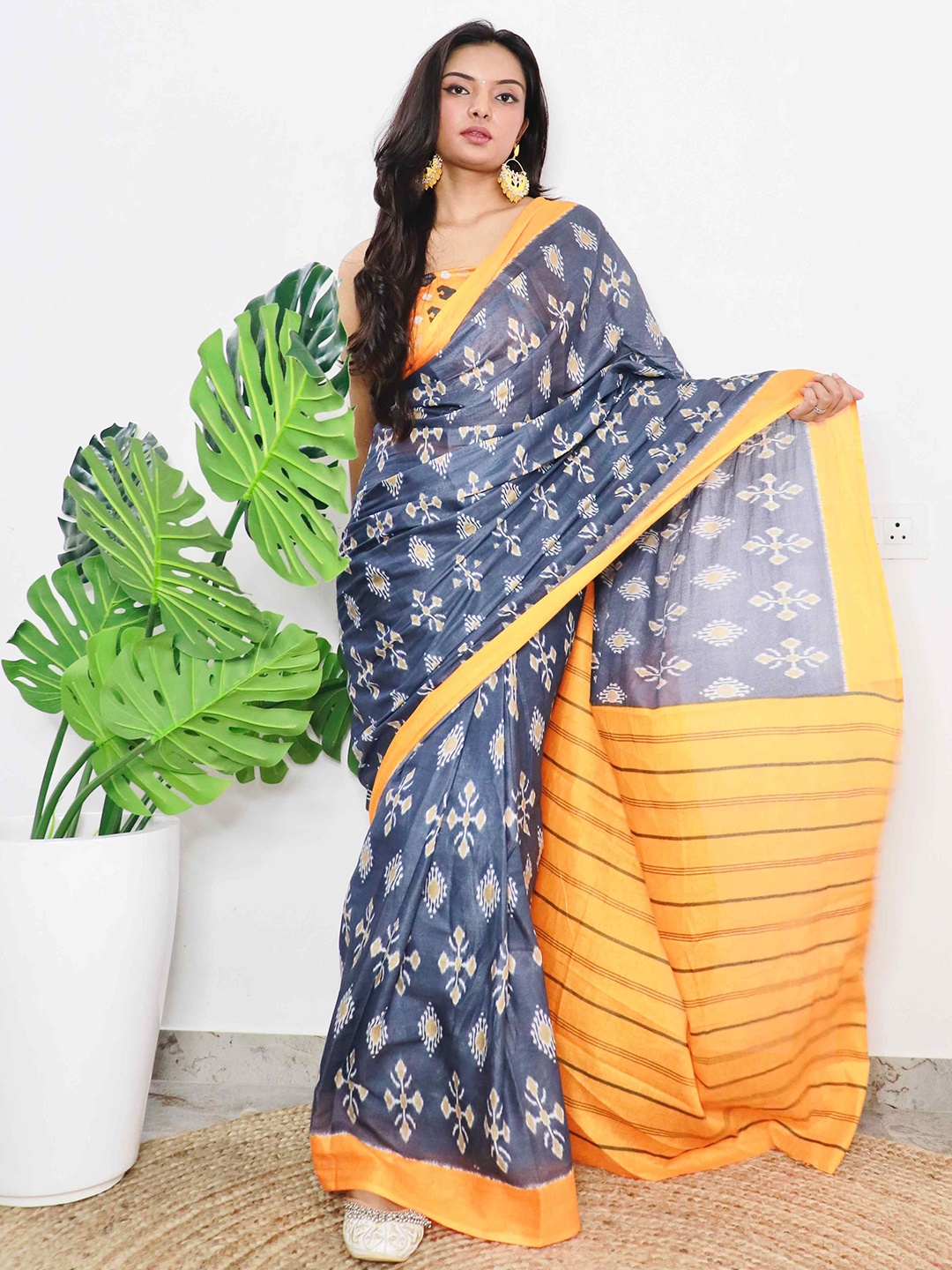 

HERE&NOW Pure Cotton Bagru Saree, Grey melange