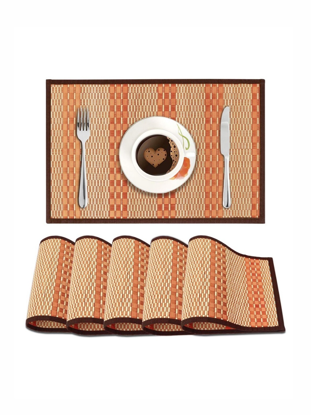 

HOKIPO Cream-Colored & Orange-Colored 6 Pieces Striped Non-Slip Bamboo Table Placemats