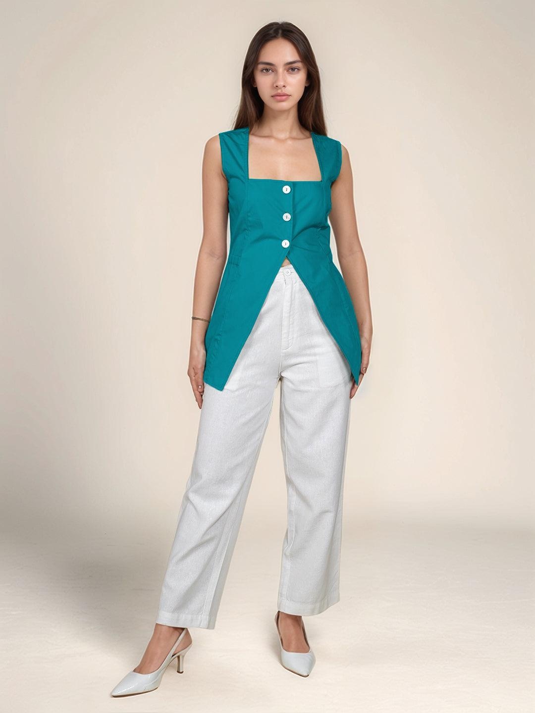 

Zink London Square Neck Cotton Longline Top, Teal