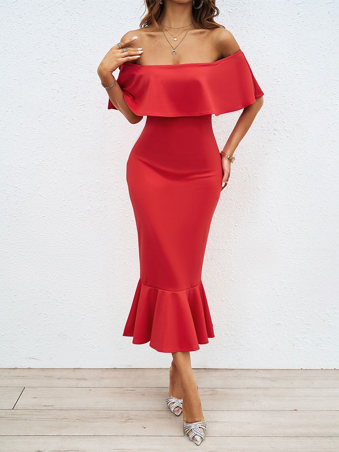 

LULU & SKY Off-Shoulder Bodycon Midi Dress, Red