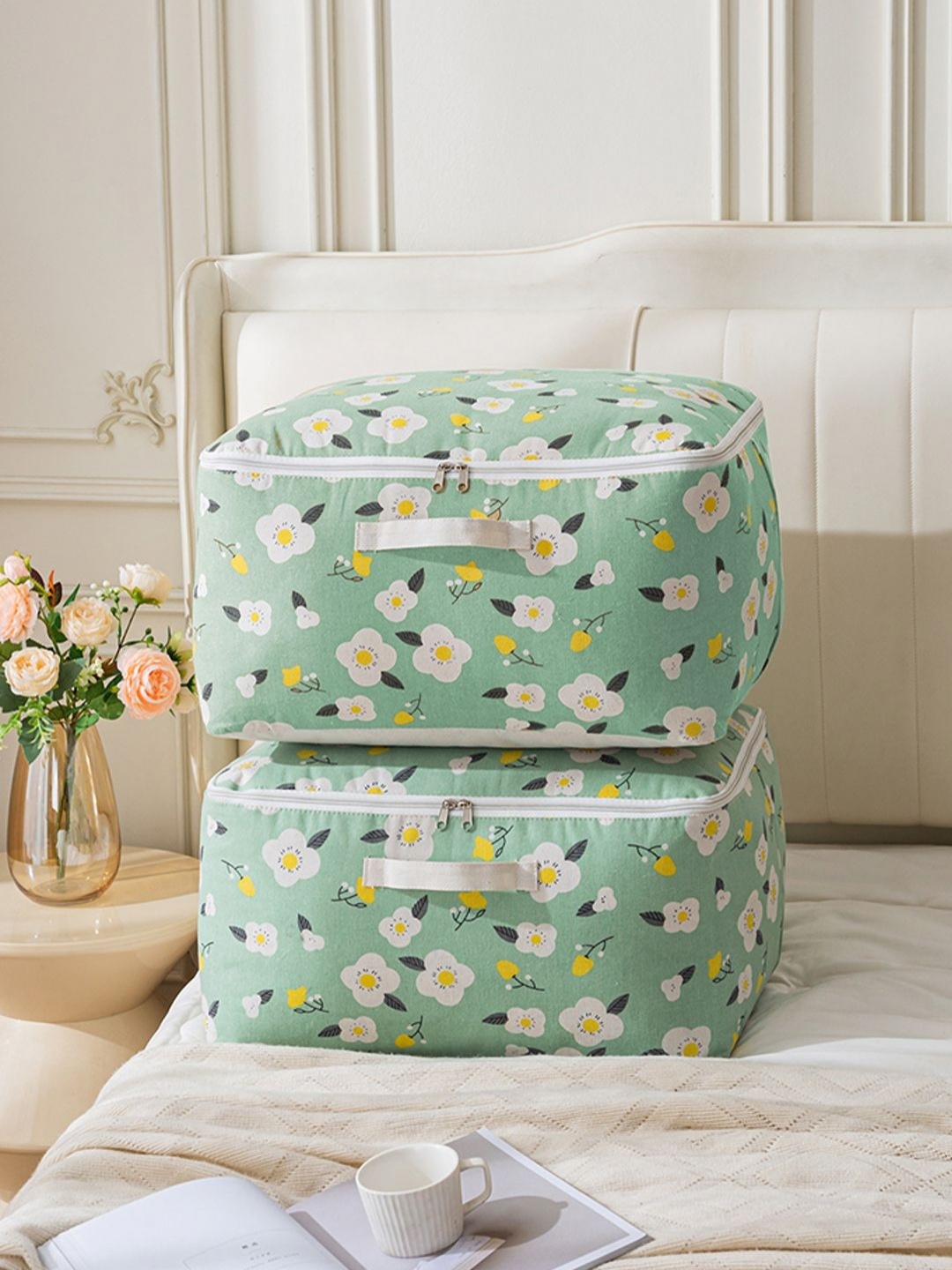 

HOKIPO Green & White 2 Pieces Floral Printed Cotton Laundry Bags