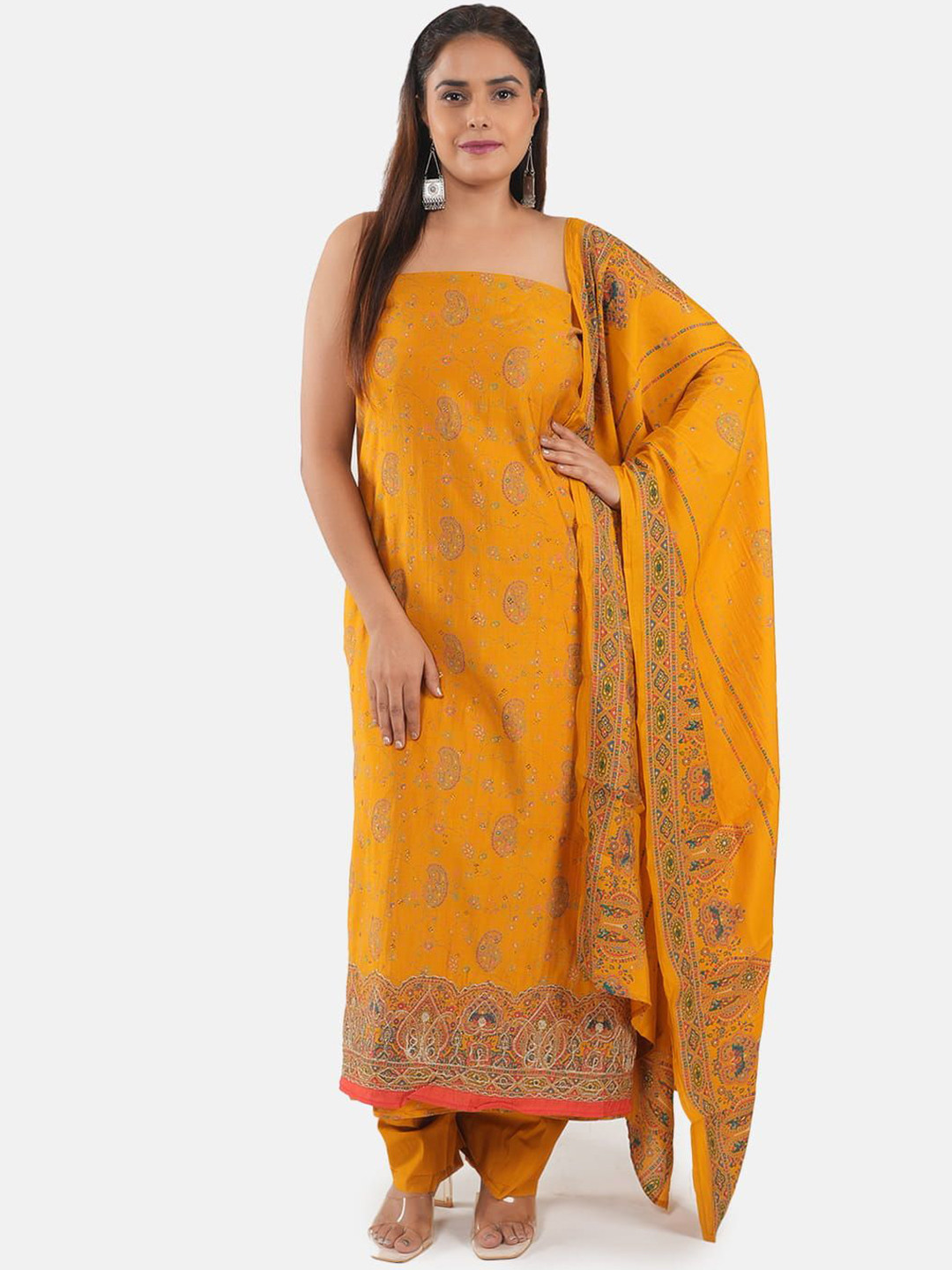 

MOZAFIA Paisley Printed Beads and Stones Pure Silk Unstitched Dress Material, Yellow