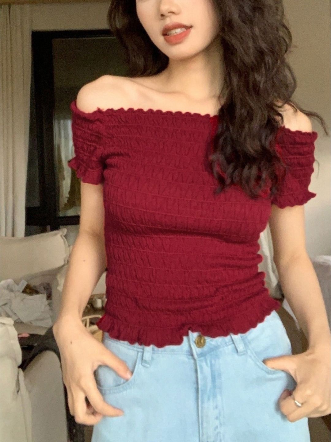

KPOP Women Off-Shoulder Short Sleeves Top, Red