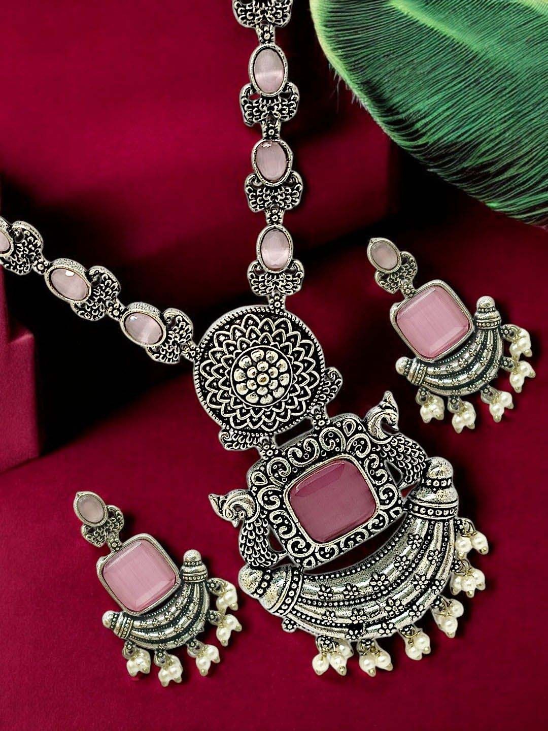 

FEMMIBELLA Silver-Plated Stone Studded & Beaded Jewellery Set