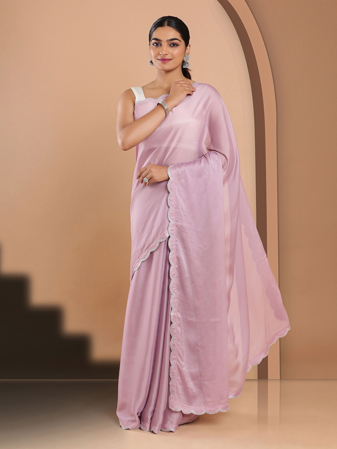 

Kalyan Silks Sequinned Poly Georgette Jamdani Saree, Rose gold