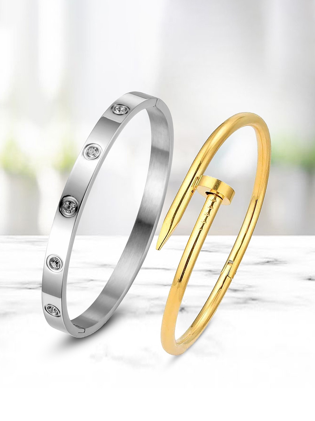 

DIVASTRI Set Of 2 Silver-Plated Stainless Steel American Diamond Cuff Bracelet