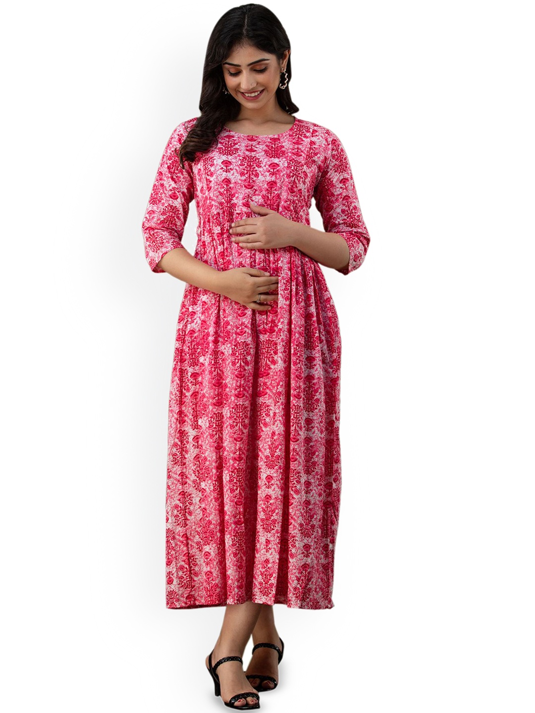 

NITVAN Women Floral Printed Gotta Patti Maternity Kurta, Pink