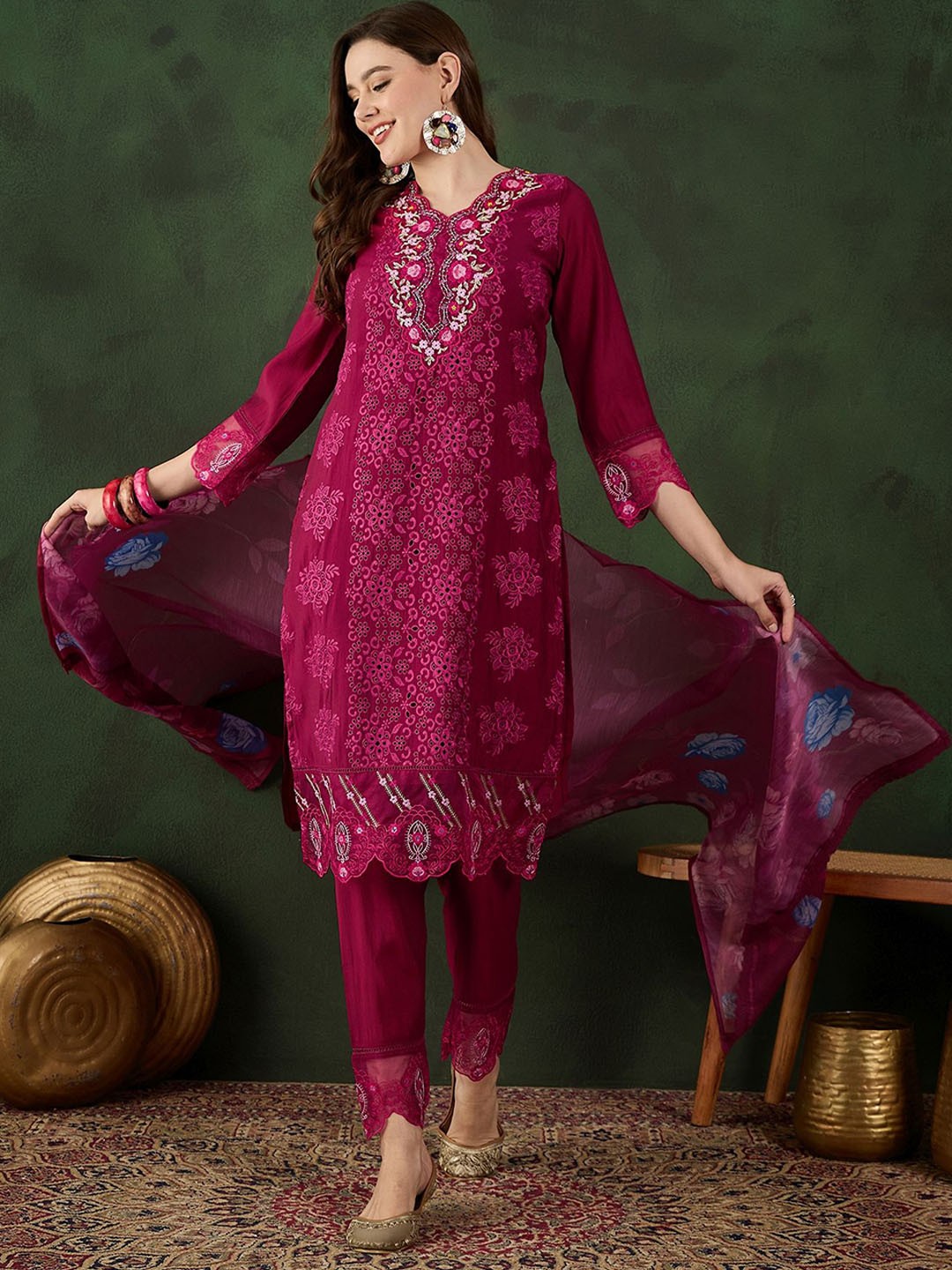 

Sangria Embroidered Kurta & Trouser With Dupatta, Purple