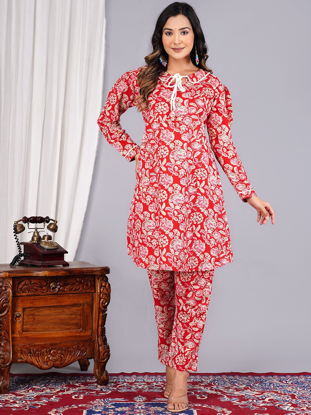 

KALINI Printed Pure Cotton Shirt Collar Tunic With Trouser, Red