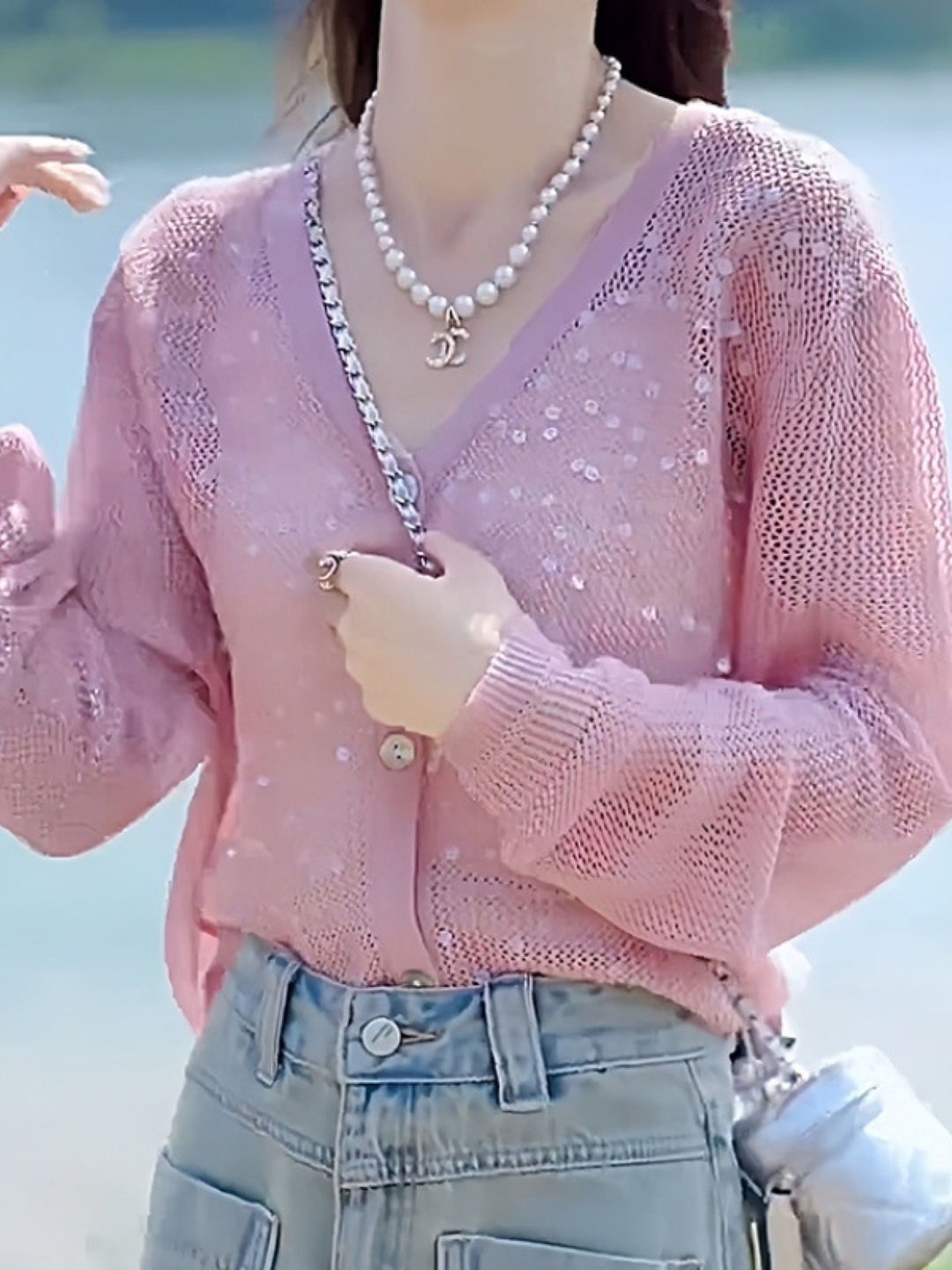 

KPOP Women V-Neck Long Sleeves Top, Pink