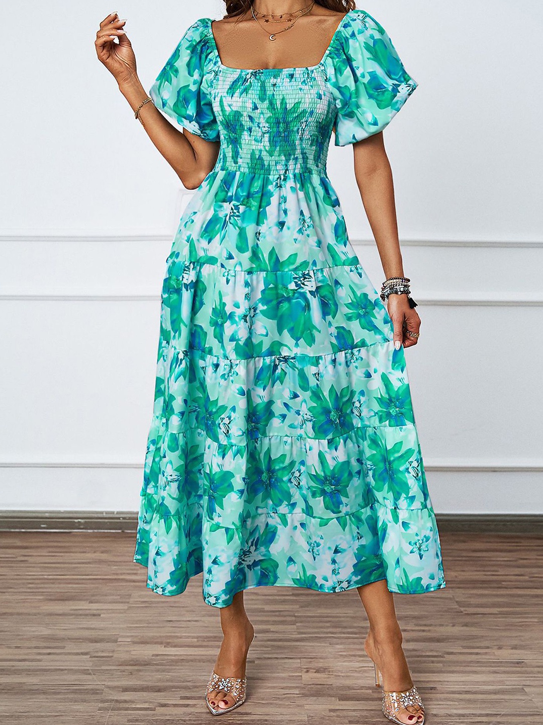 

LULU & SKY Floral Print Flutter Sleeve A-Line Midi Dress, Green