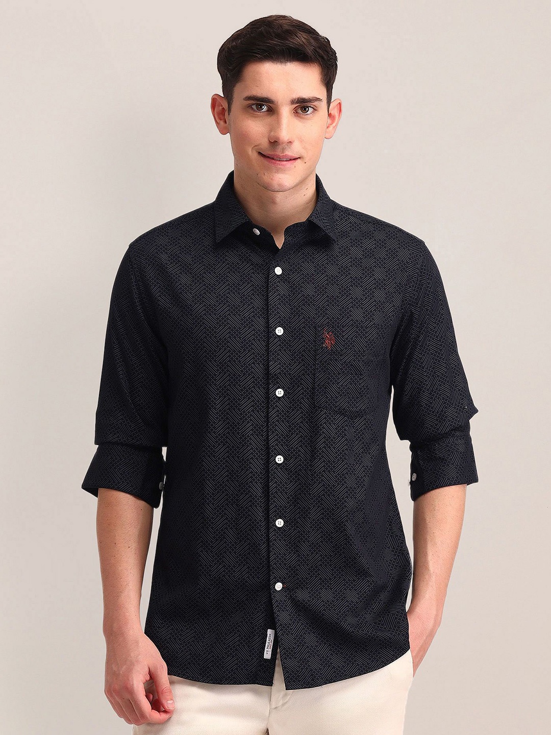 

U.S. Polo Assn. Men Tailored Fit Opaque Printed Formal Shirt, Black