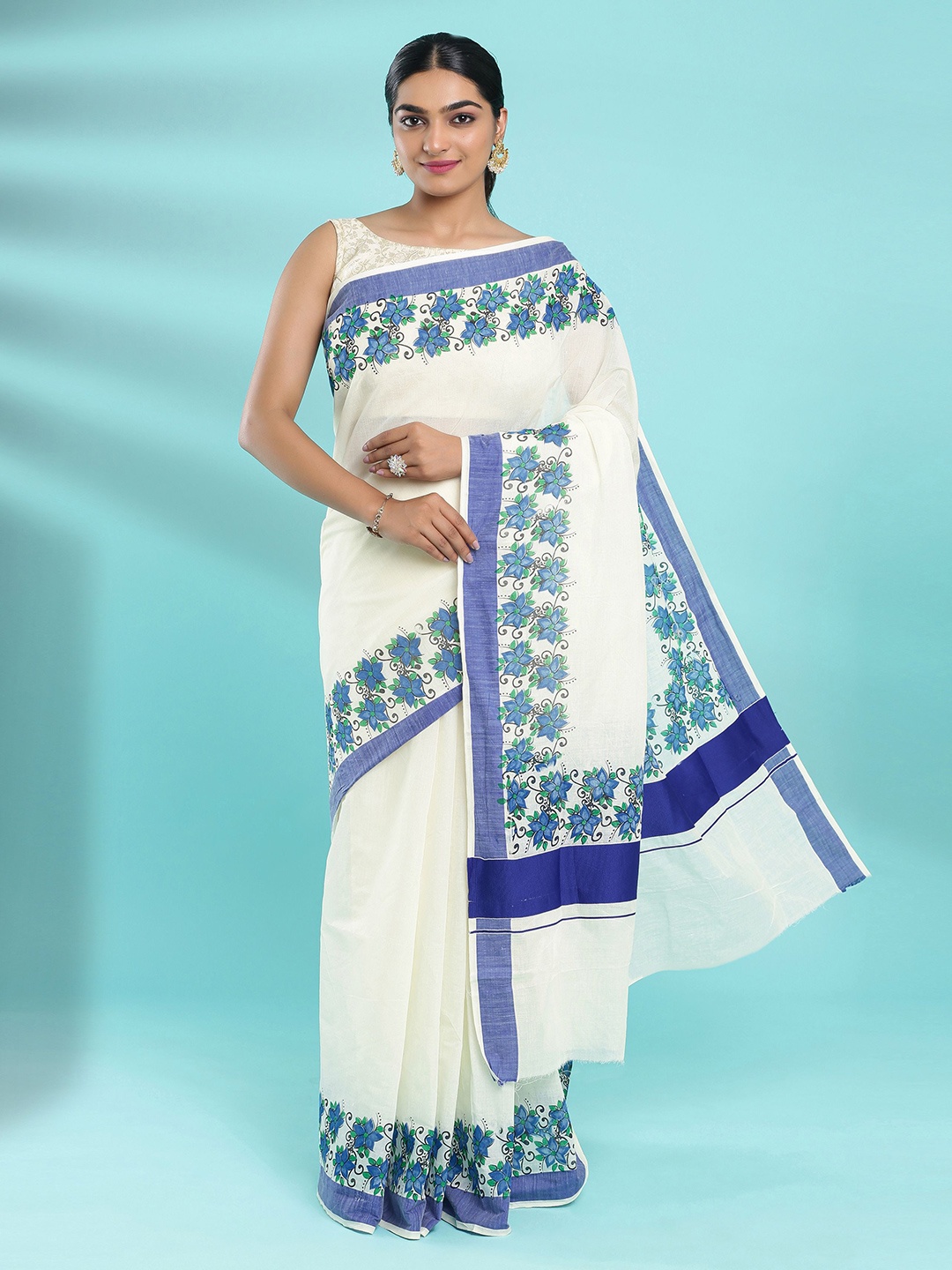 

Kalyan Silks Colourblocked Block Print Saree, Cream