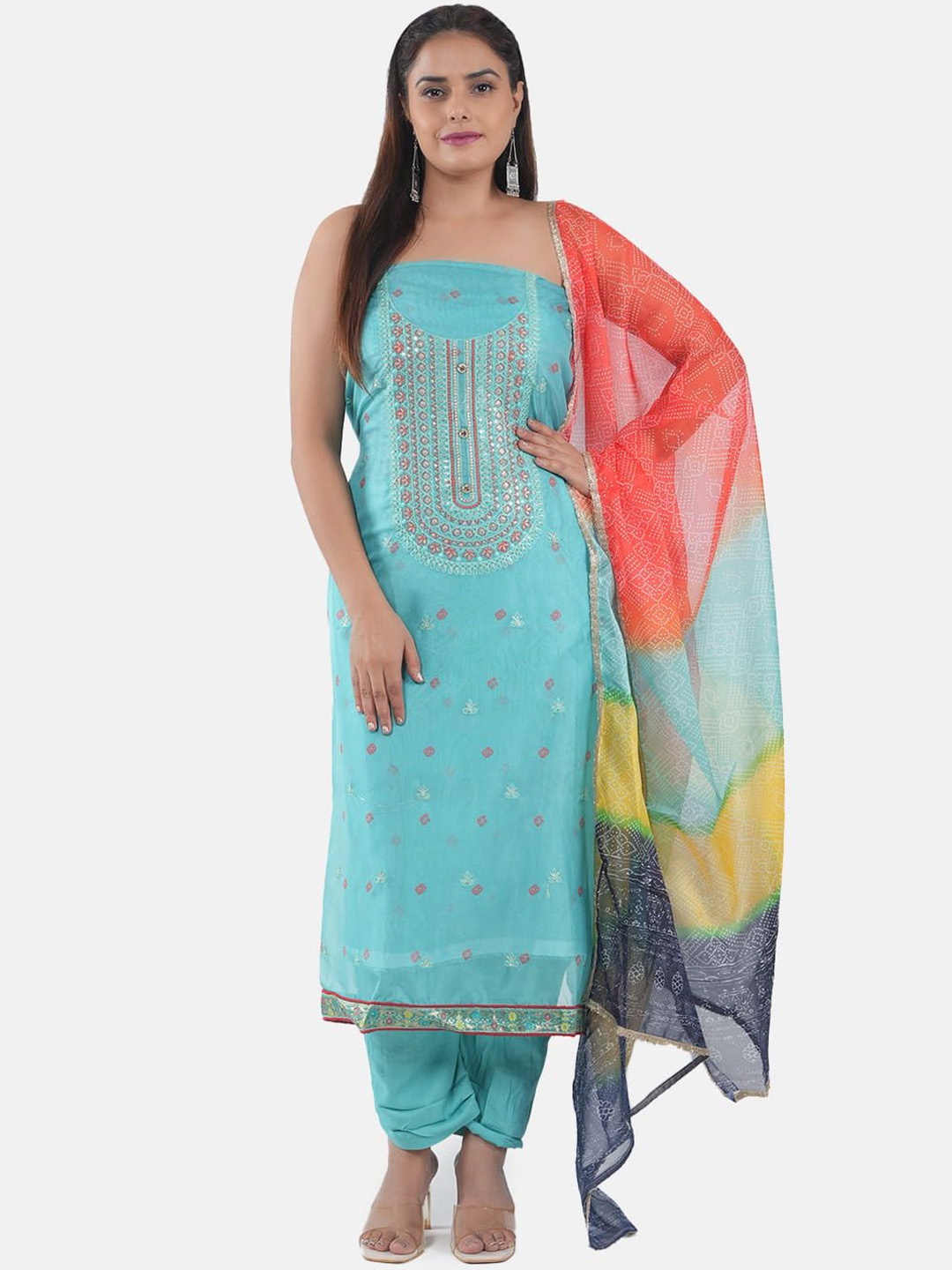 

MOZAFIA Ethnic Motifs Embroidered Organza Unstitched Dress Material, Green