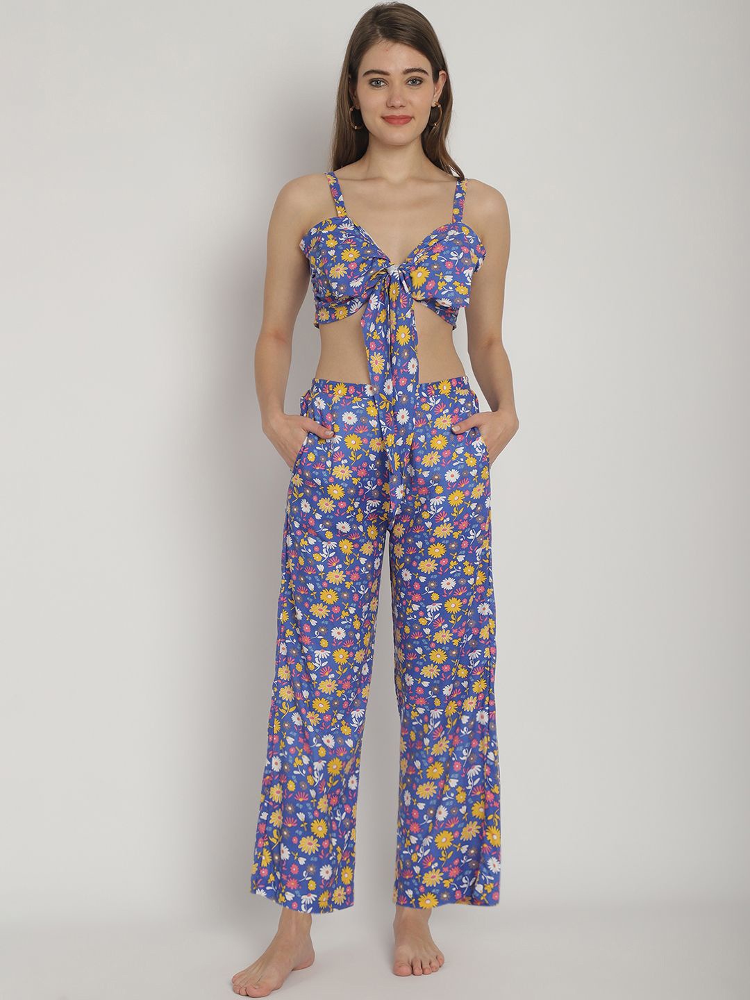 

Blissence Printed Top & Trousers Swimwear Cover up Set, Blue