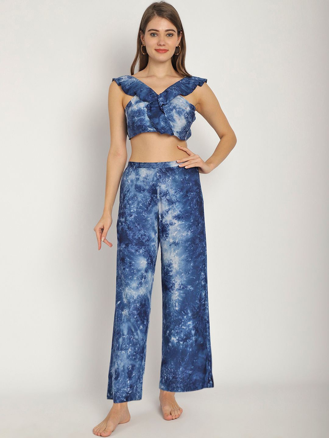 

Blissence Tie and Dye Frill Crop Top & Trouser, Blue