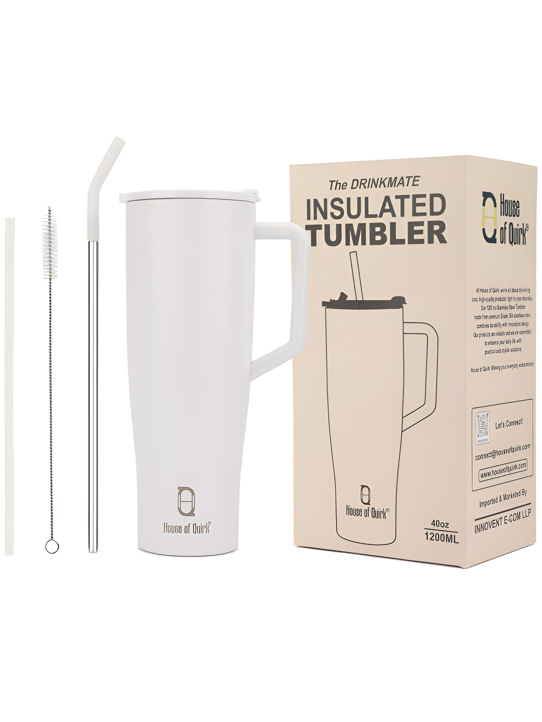 

HOUSE OF QUIRK White Stainless Steel Tumbler with Handle and 2 Straw Flip Lid 1.2 L