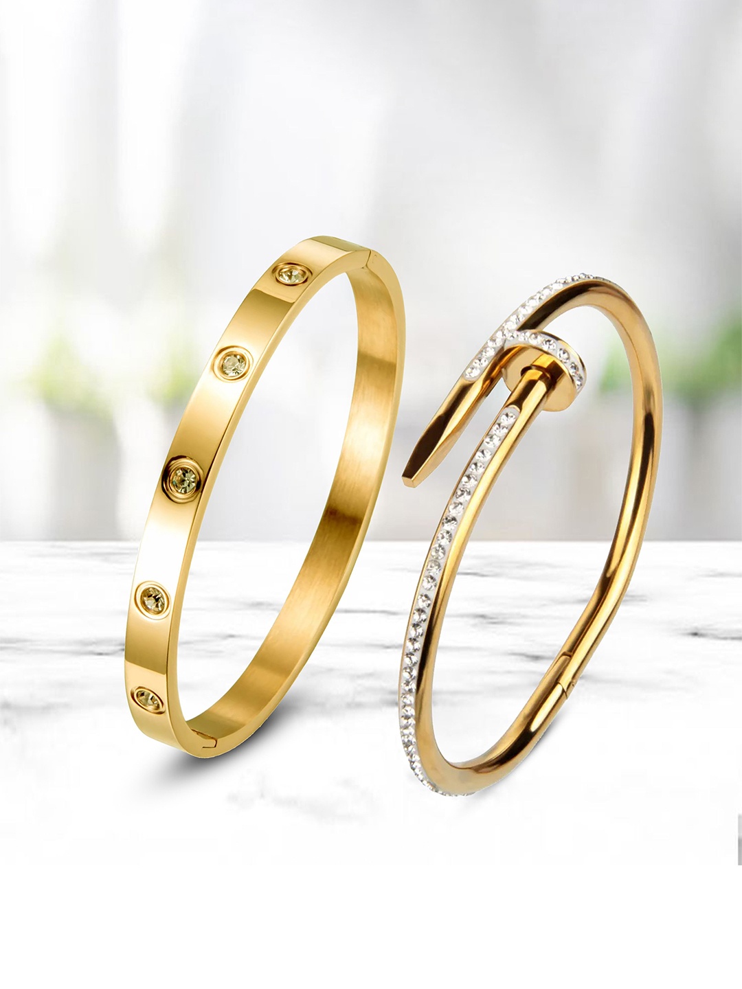 

MEENAZ Set Of 2 Gold-Plated AD Studded Stainless Steel Anti Tarnish Kada Bracelet