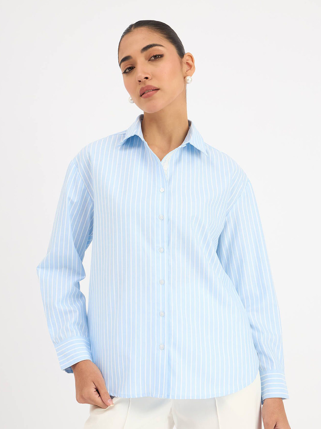 

SALT ATTIRE Women Vertical Striped Party Shirt, Blue