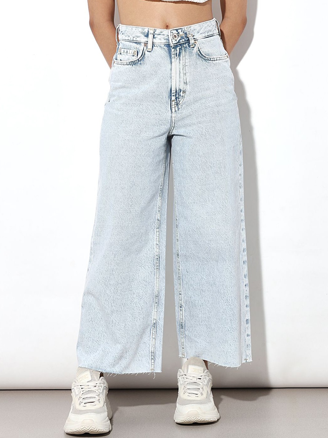 

ONLY Women Wide Leg High-Rise Heavy Fade Bleached Jeans, Blue