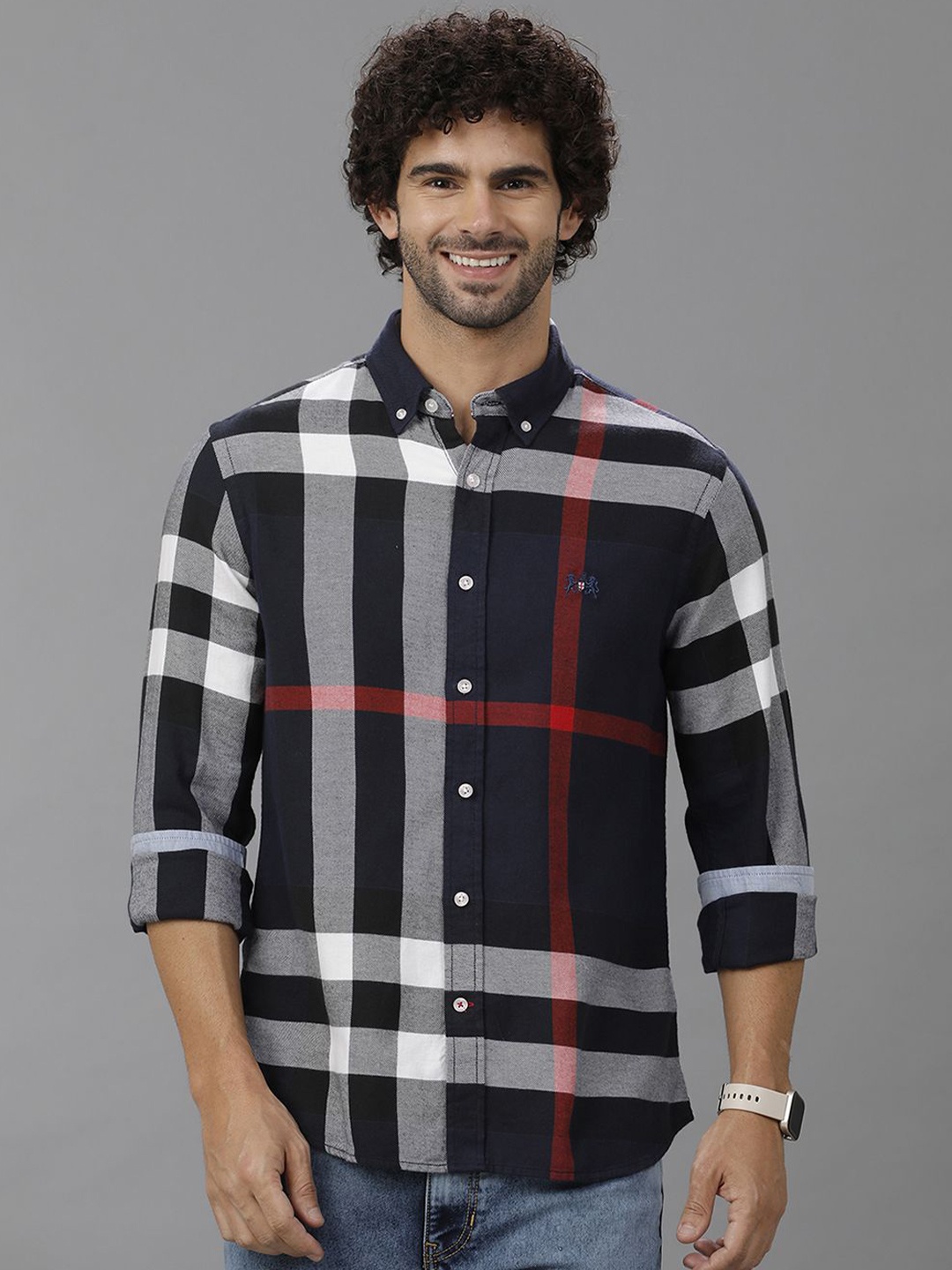 

Double Two Men Comfort Slim Fit Opaque Checked Casual Shirt, Navy blue