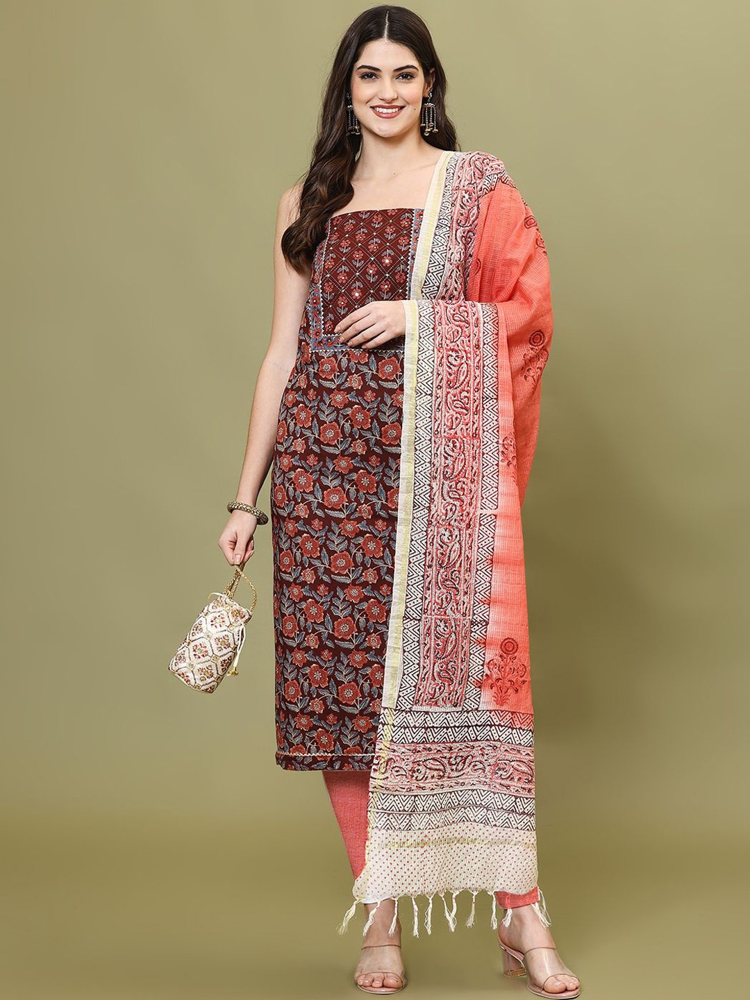 

Meena Bazaar Printed Unstitched Dress Material, Rust