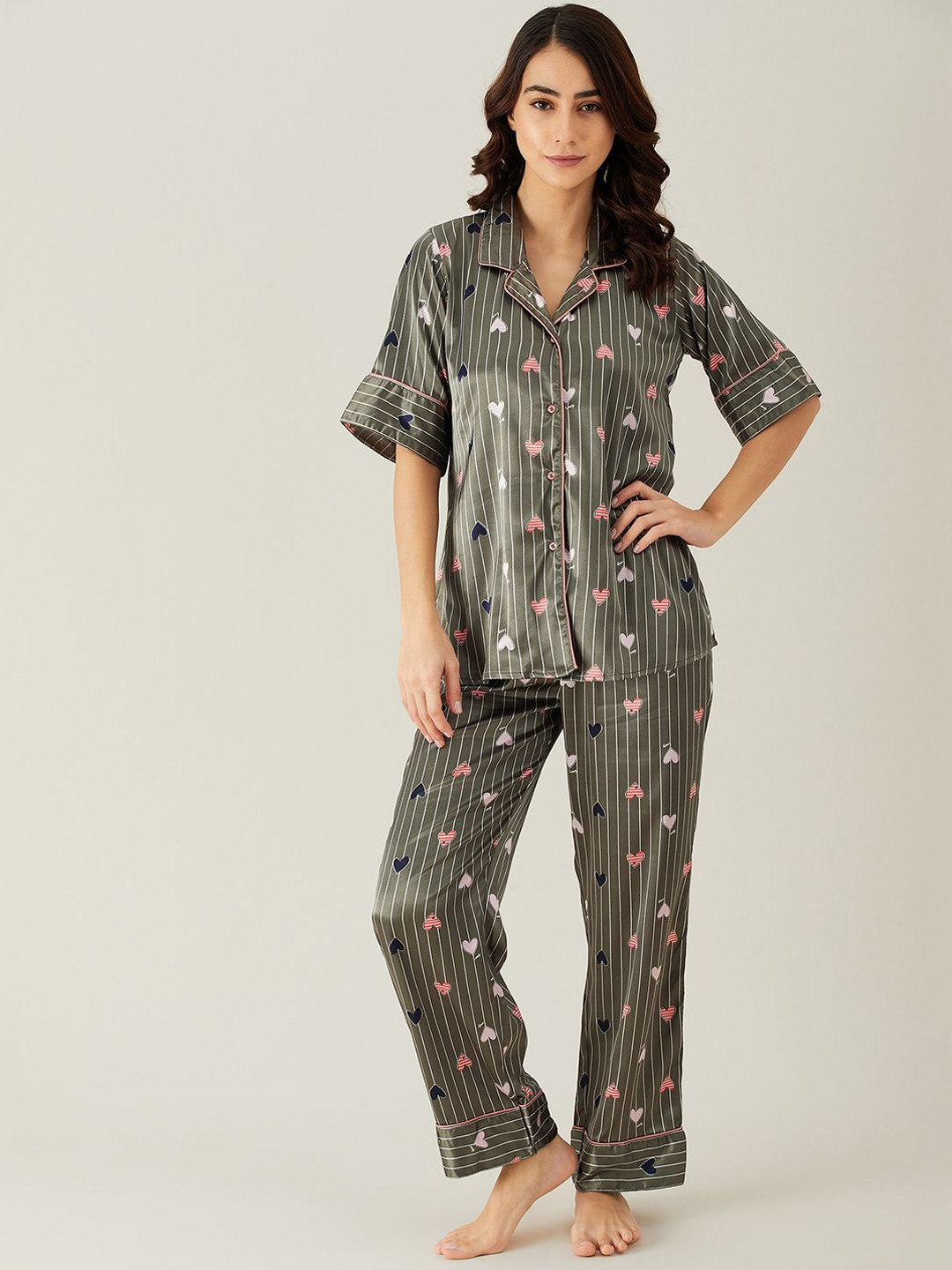 

The Kaftan Company Women Printed Lapel Collar Night Suit, Grey
