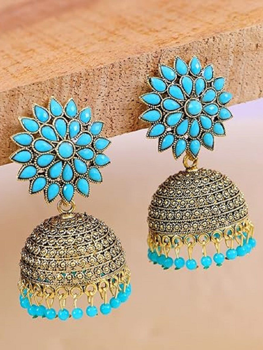 

JMBW INTERNATIONAL Gold-Plated Stone Studded & Beaded Sunflower Jhumkas