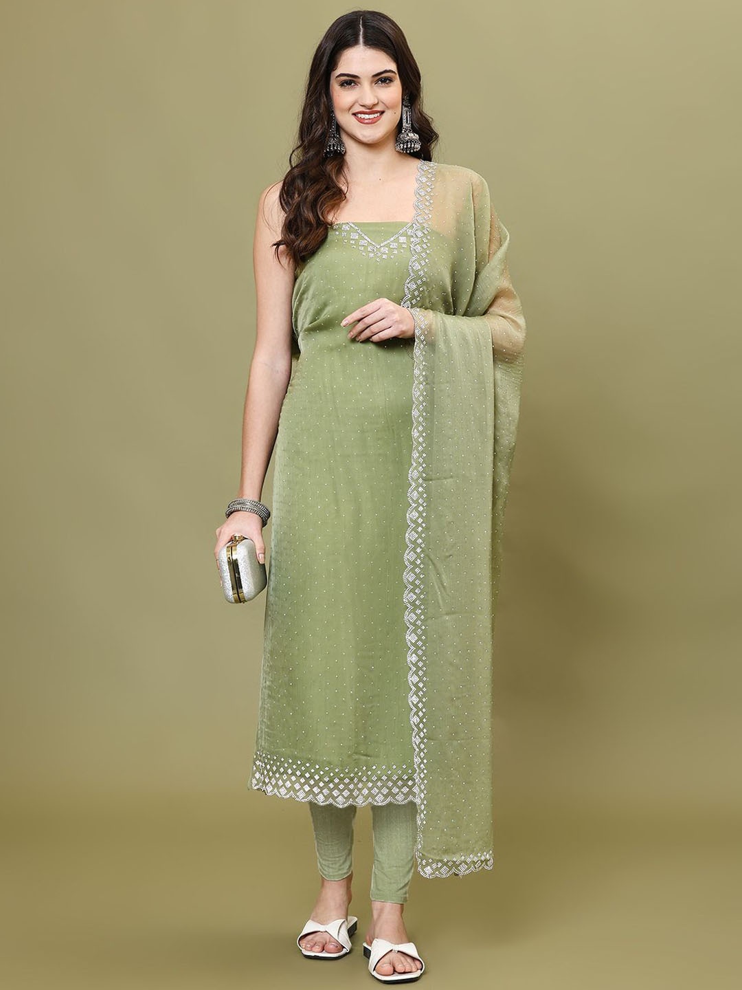 

Meena Bazaar Embellished Art Silk Unstitched Dress Material, Green