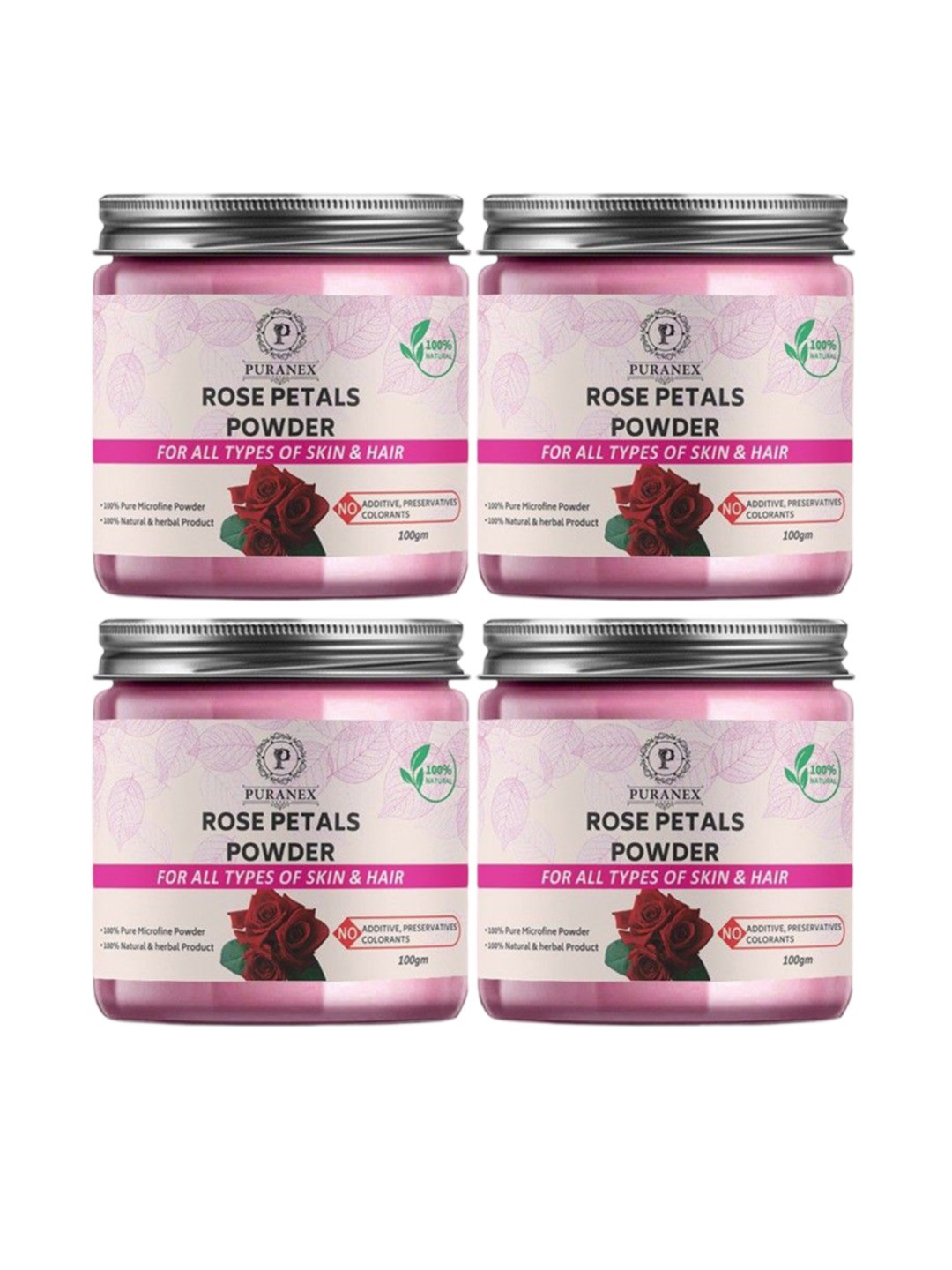 

Puranex Set Of 4 100% Natural & Pure Rose Petals Powder For Face - 100 g Each, White