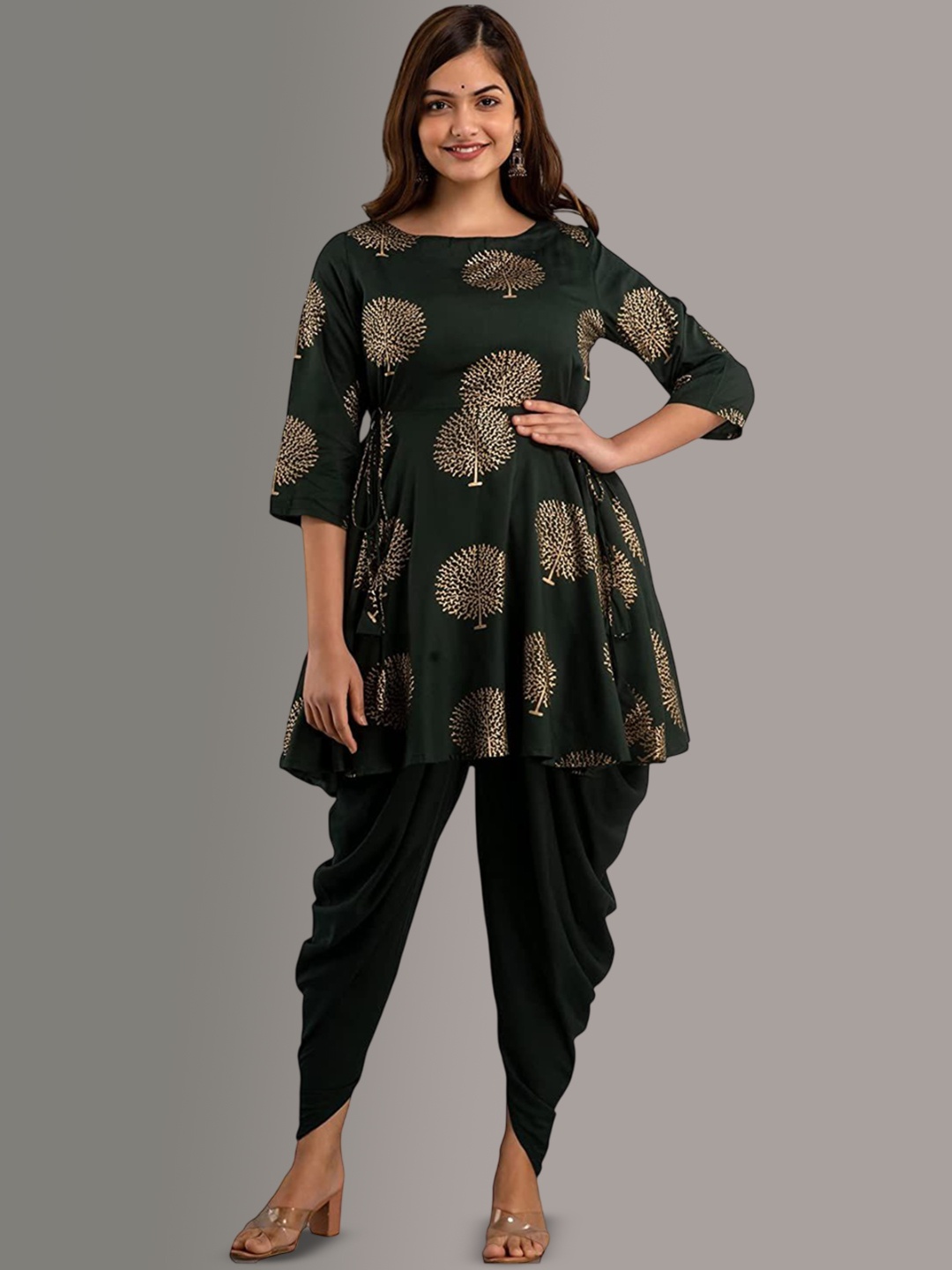 

TFP Women Ethnic Motifs Printed Angrakha Kurti with Dhoti Pants, Green