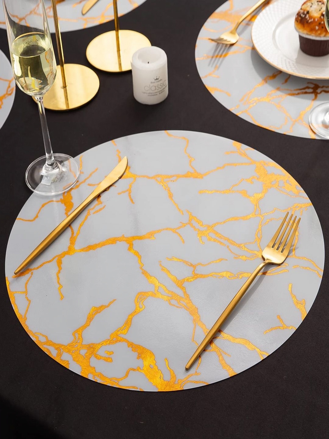 

HOKIPO White & Yellow 6 Pieces Abstract Printed Shining Round Table Placemats