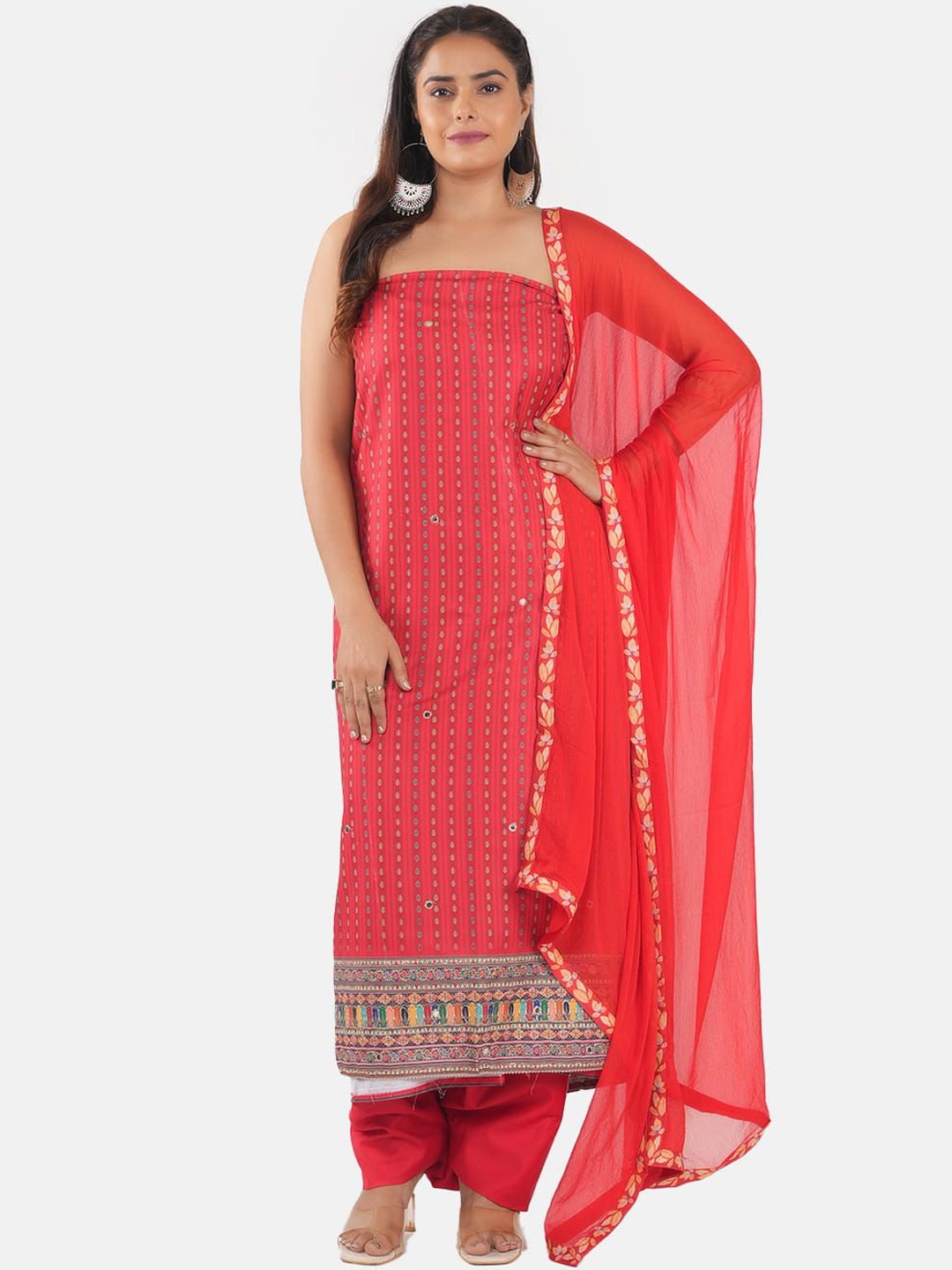 

MOZAFIA Floral Embroidered Sequinned Tussar Silk Unstitched Dress Material, Red