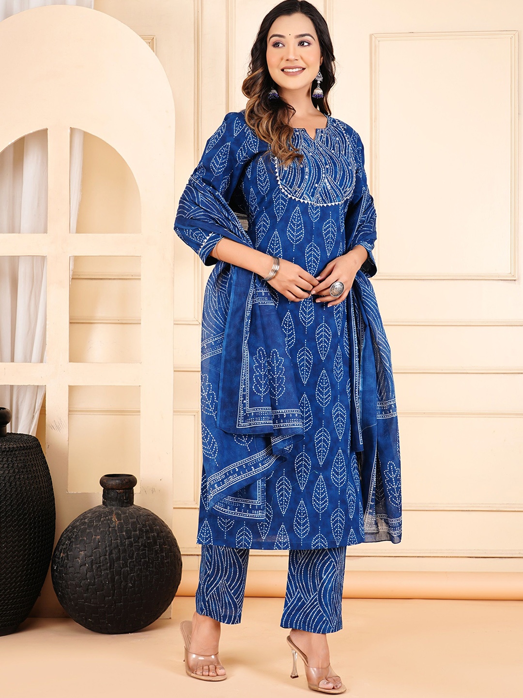 

KALINI Floral Printed Sequinned Pure Cotton Kurta with Trousers & Dupatta, Blue