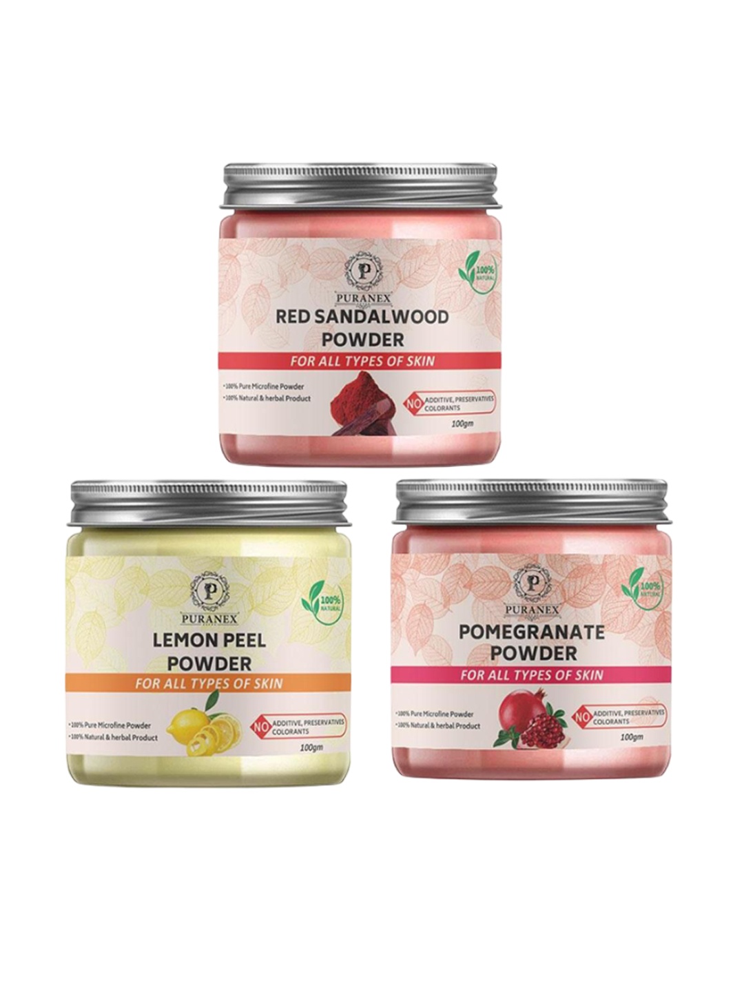 

Puranex Set Of 3 Red Sandal Wood, Lemon & Pomegranate Powders - 100 gm Each, White